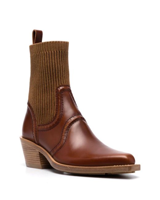 Chloé Brown Elasticated-Panelling Leather Pointed Boots