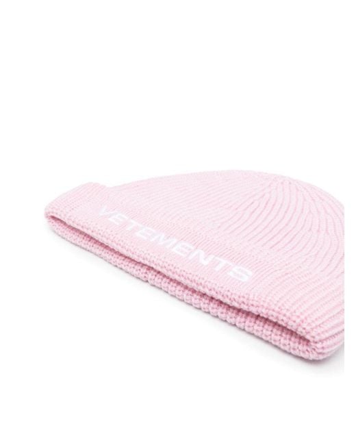 Vetements Pink Embroidered-logo Knitted Beanie