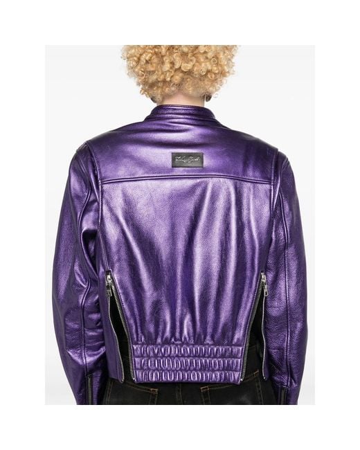 LAQUAN SMITH Purple Metallic Leather Bomber Jacket