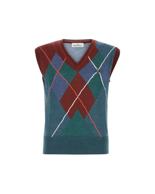 Vivienne Westwood Blue Embroidered Wool Blend Argyle Vest for men