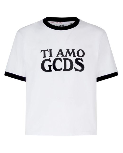 Gcds White Cropped T-Shirt With Embroidered Logo