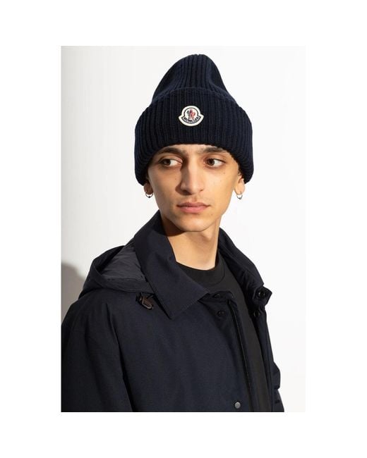 Moncler Blue Logo Patch Beanie for men