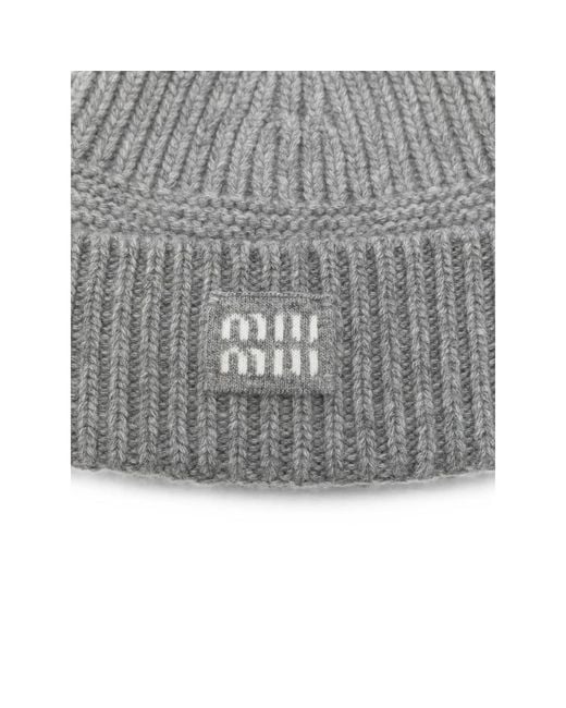 Miu Miu Gray Logo-Patch Ribbed-Knit Wool Beanie