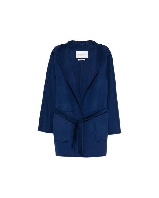 Max Mara Blue Hooded Belted Coat