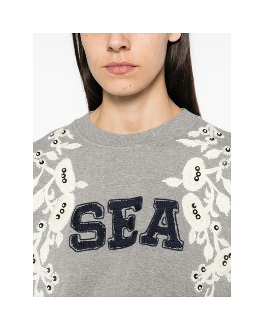 Sea Gray Floral-Embroidered Sweatshirt