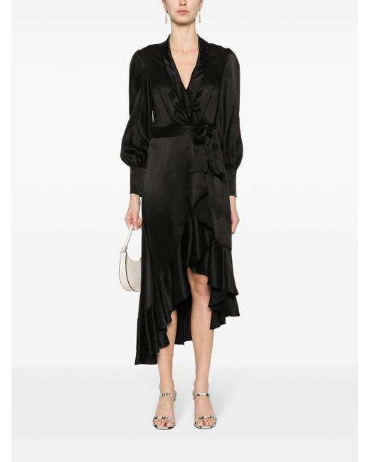 Zimmermann Black Long-Sleeve Wrap Silk Minidress