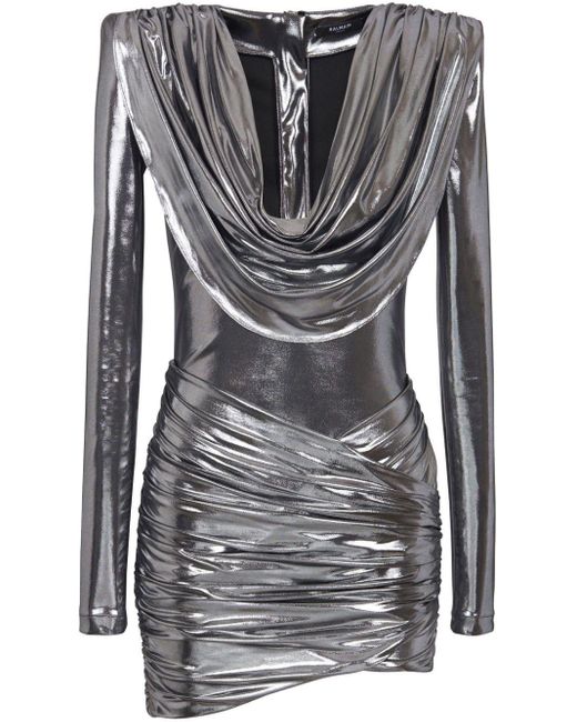 Balmain Gray Cowl-Neck Lamé Mini Dress