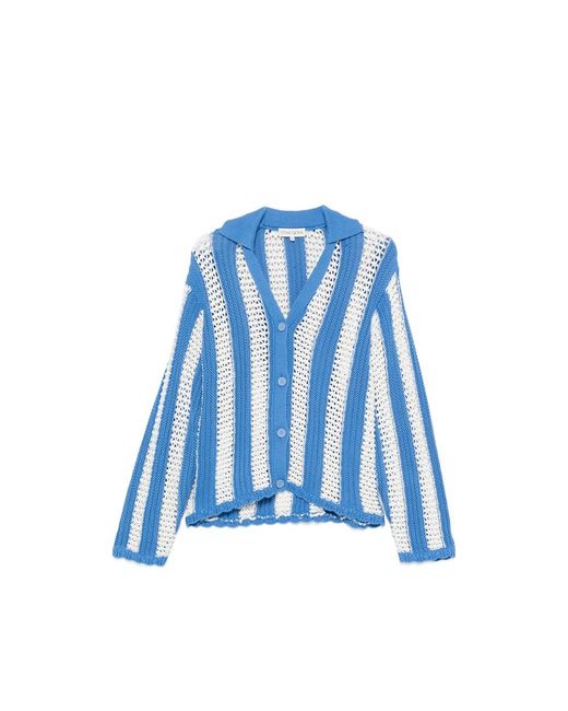 Stine Goya Blue Striped Open-Knit Cardigan