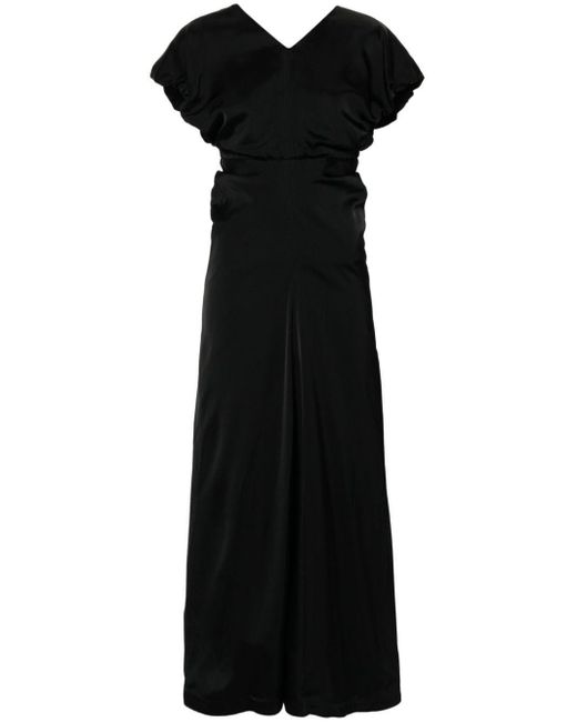 Jil Sander Black Gathered-Detail Satin-Finish Gown