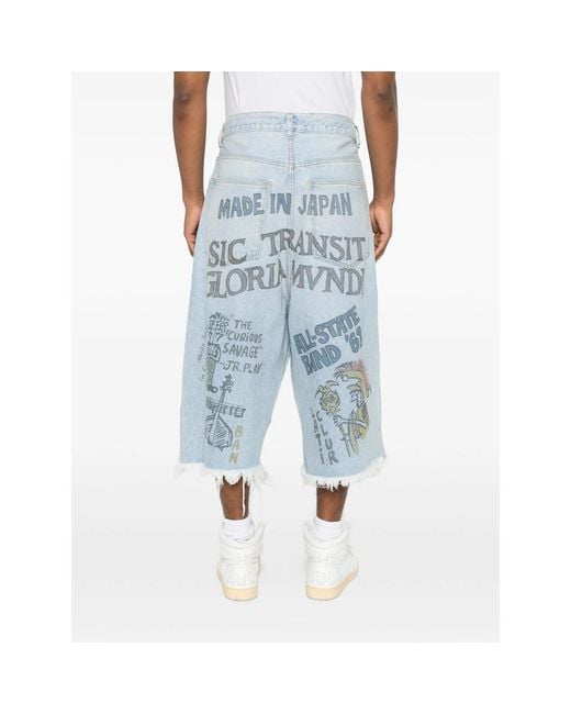 Secnd Slf Blue Graphic-Print Raw-Cut Shorts for men