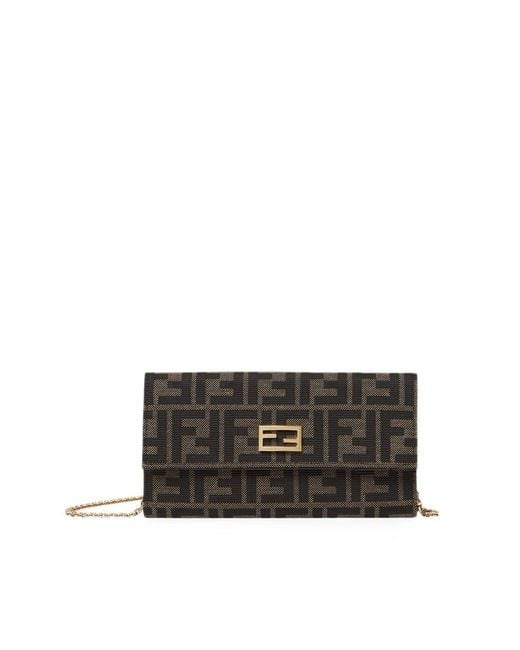 Fendi Black Tube Continental Logo Chain Wallet