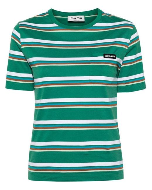 Miu Miu Green Striped Cotton T-Shirt