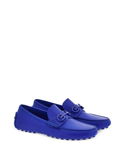 Ferragamo Blue Driver Gancini-Plaque Leather Loafers for men