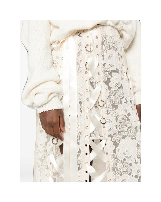 Simone Rocha Natural Lace-Up Floral-Lace Midi Skirt