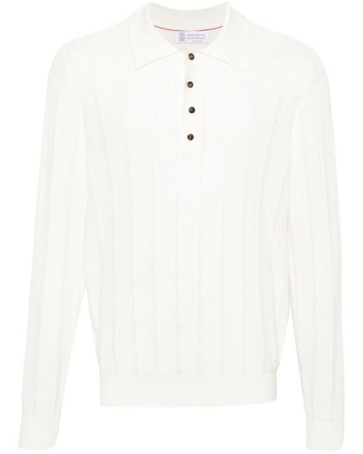 Brunello Cucinelli White Long-Sleeve Cotton Polo Shirt for men