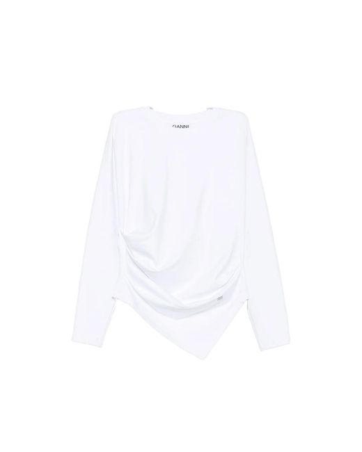 Ganni White Crew Neck Long-Sleeve Top