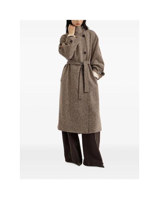 Brunello Cucinelli Brown Sparkling Virgin Wool Chevron Belted Coat With Monili
