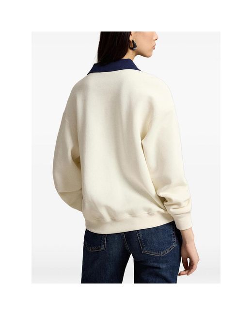 Ralph Lauren White Logo-Embroidered Contrast-Collar Sweater