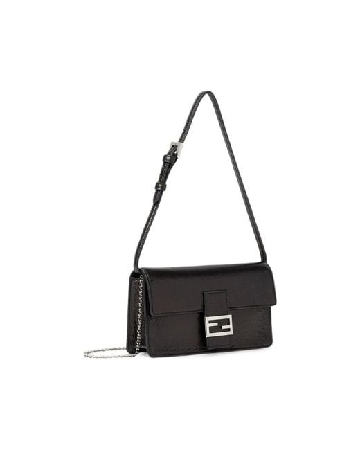Fendi Black Tuve Logo-Plaque Leather Wallet On Chain