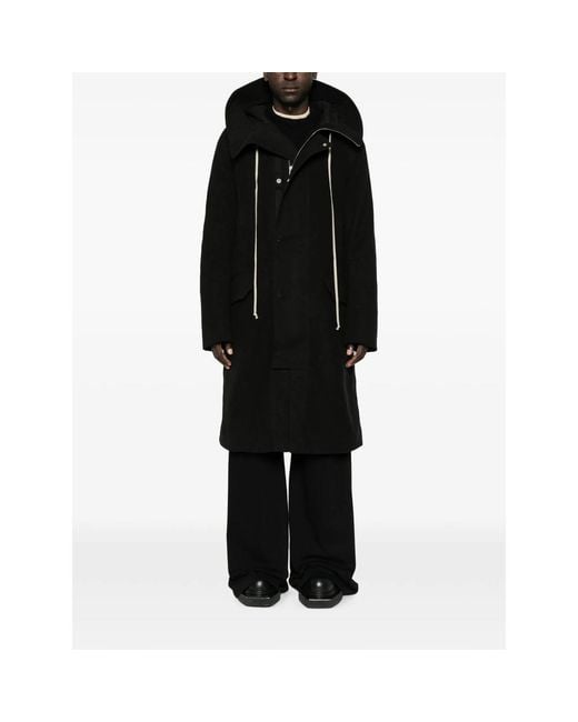 Rick Owens Black Drawstring-Hood Zipped Coat for men
