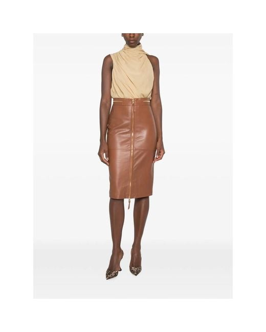 Elisabetta Franchi Brown Zip-Detail Midi Pencil Skirt