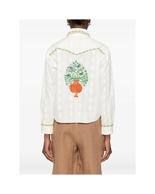 Mother White Bird Embroidery Button-Down Top