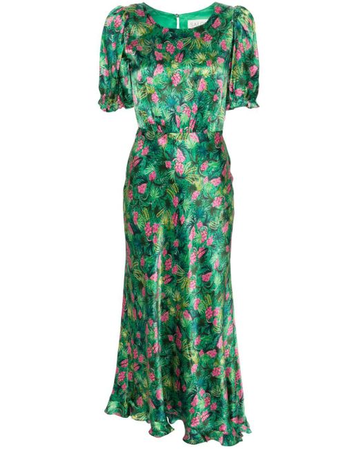 Saloni Green Vida Floral-Print Midi Dress