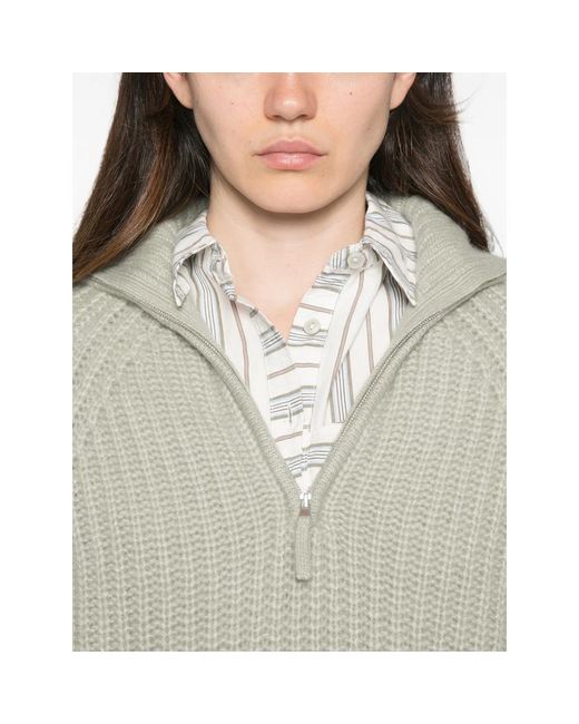 Allude Green Ribbed-Knit Zip-Up Sweater