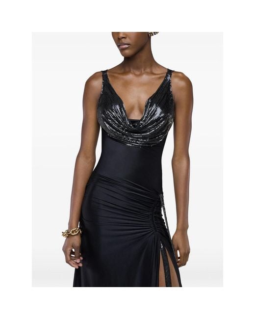 Rabanne Black Mesh-Panel Cowl-Neck Maxi Dress