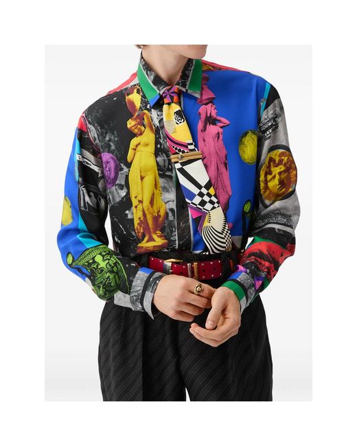 Versace Blue Printed Silk Twill Regular Shirt for men