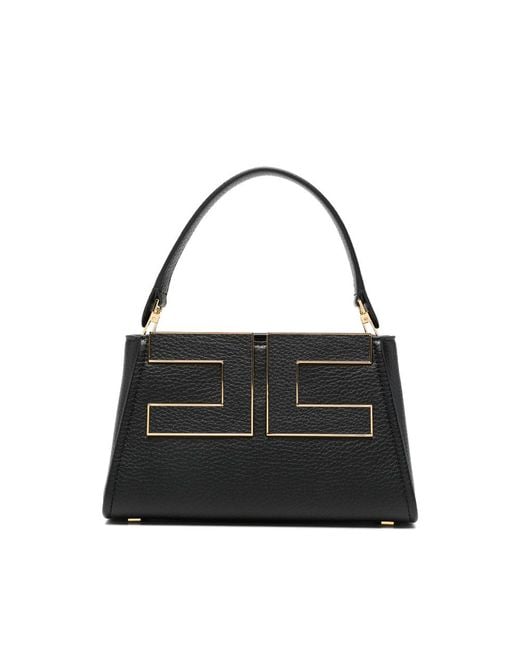 Elisabetta Franchi Black Logo-Plaque Pebbled-Effect Tote Bag
