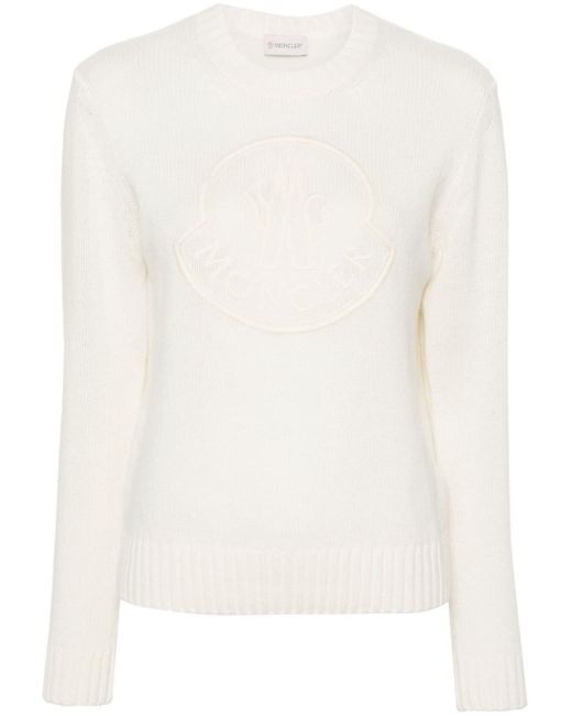 Moncler White Embroidered-Logo Knitted Jumper