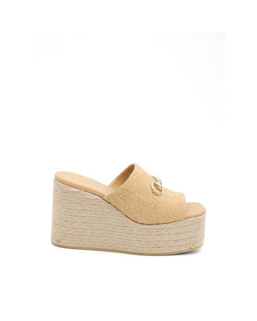 Gucci Natural Monogram Horsebit Wedge Sandals