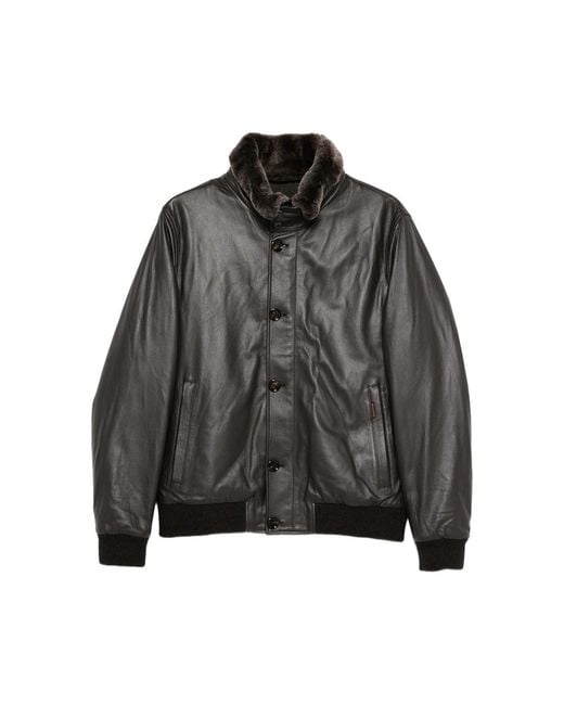 Moorer Gray Leather Faux-Fur-Trimmed Jacket for men