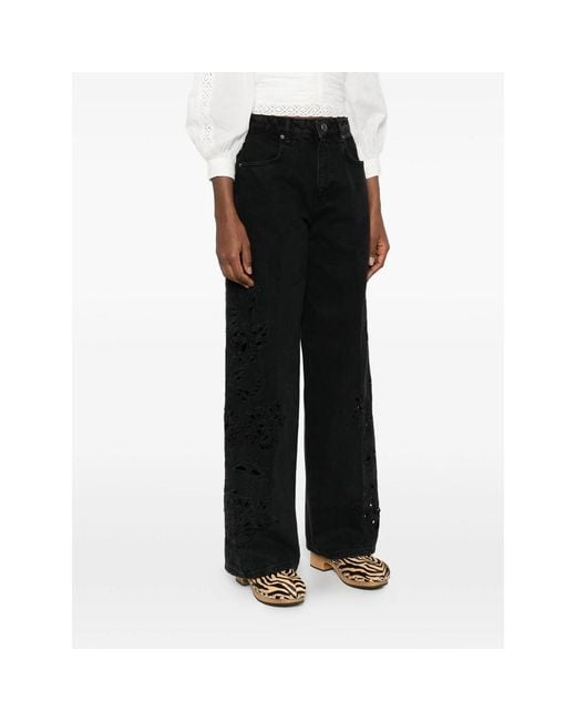 Farm Rio Black Floral-Appliqué Five-Pockets Jeans