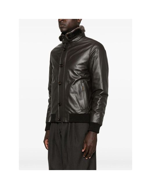 Moorer Gray Leather Faux-Fur-Trimmed Jacket for men