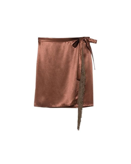 THE NINA STUDIO Brown Fringe-Trim Wrap Skirt