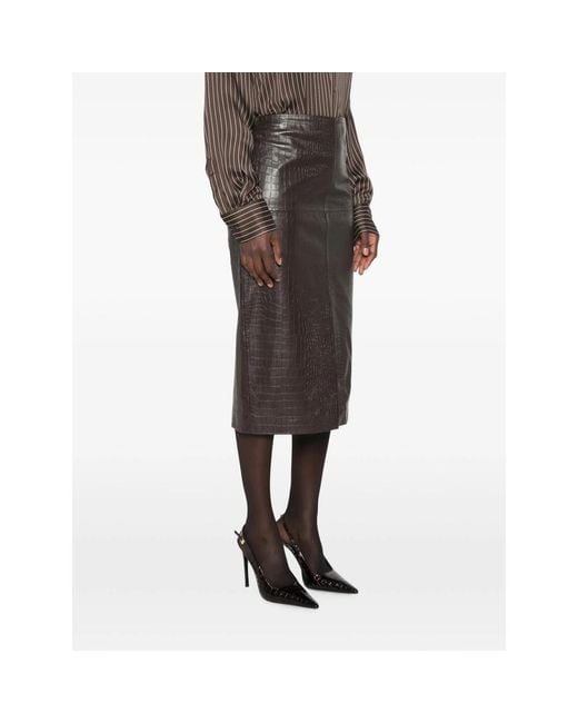 FEDERICA TOSI Gray Crocodile-Effect Leather Midi Skirt