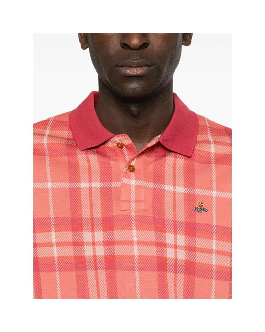 Vivienne Westwood Pink Check-Pattern Orb-Embroidered Polo Shirt for men