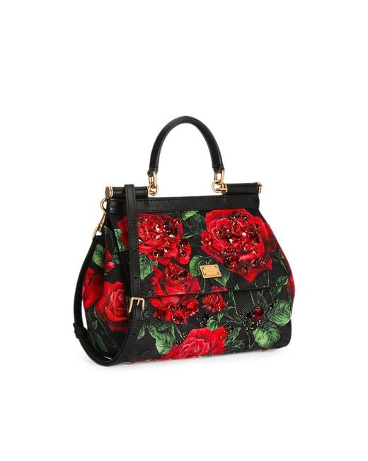 Dolce & Gabbana Red Medium Sicily Rose-Print Crystal-Embellished Tote Bag