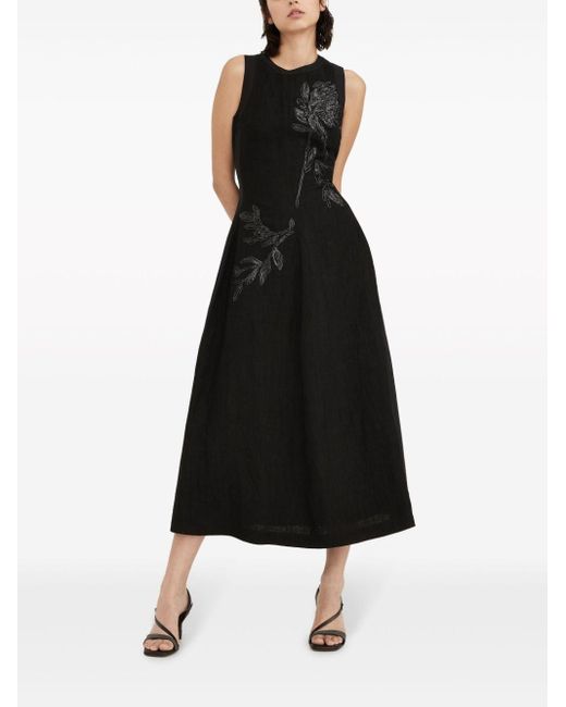 Brunello Cucinelli Black Floral-Embellished Midi Dress