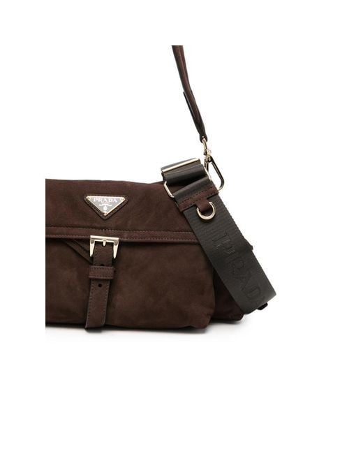 Prada Brown Explore Medium Suede Shoulder Bag With Flap