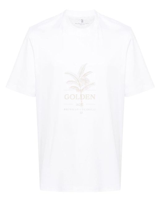 Brunello Cucinelli White Logo-Print Cotton T-Shirt for men