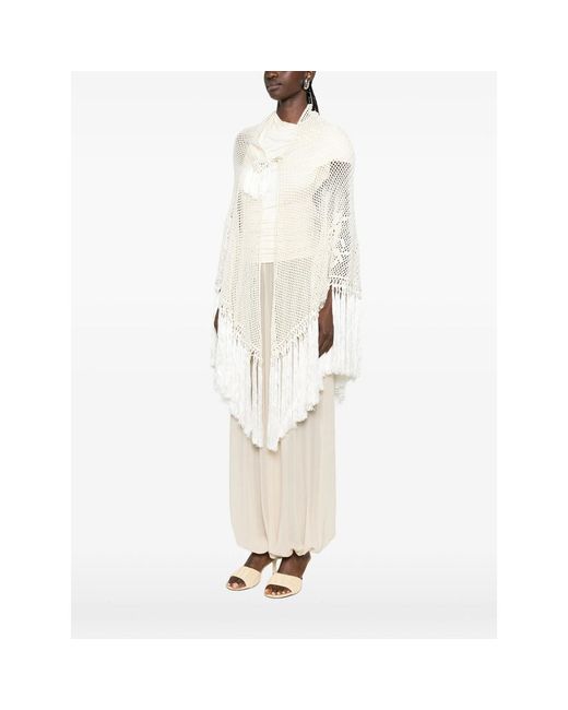 Chiara Is White Scialle Rosa Crochet Fringed Poncho