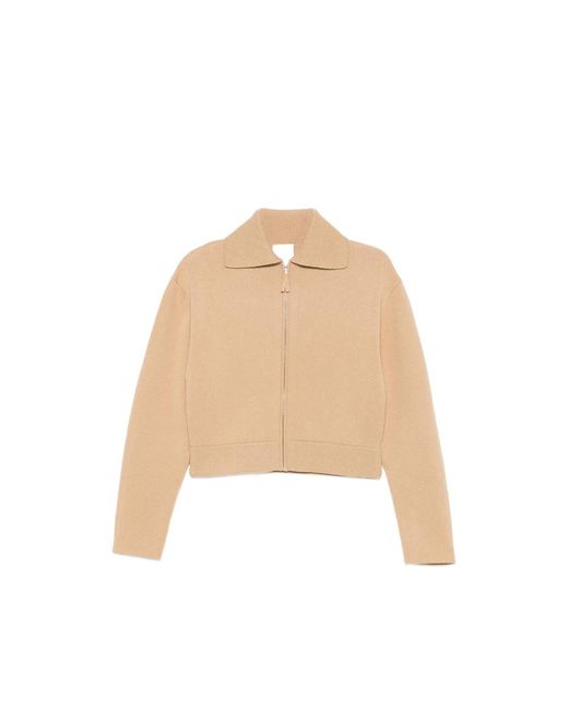 Allude Natural Zip-Up Ribbed-Trim Cardigan