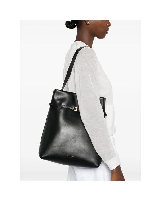 MANU Atelier Black Buckle-Detail Leather Tote Bag