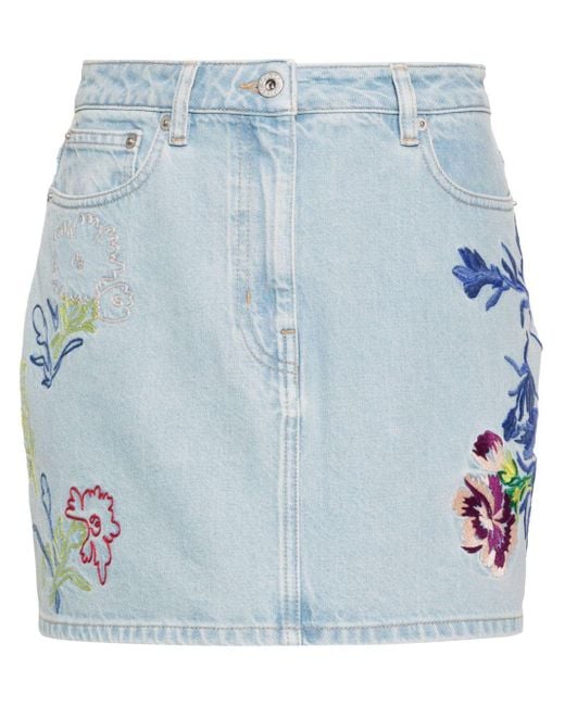 KENZO Blue Floral-Embroidered Denim Mini Skirt