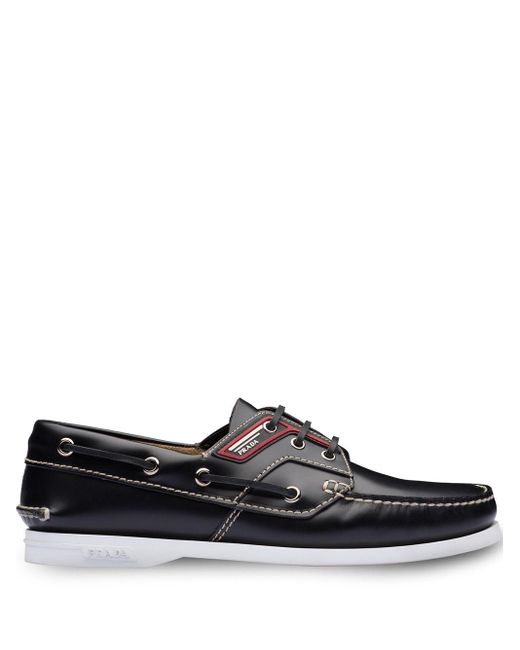Prada Black Brushed Leather Boat Shoes for men
