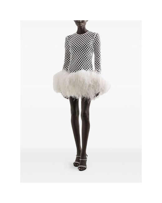 Dolce & Gabbana White Mesh Feather-Trim Mini Dress