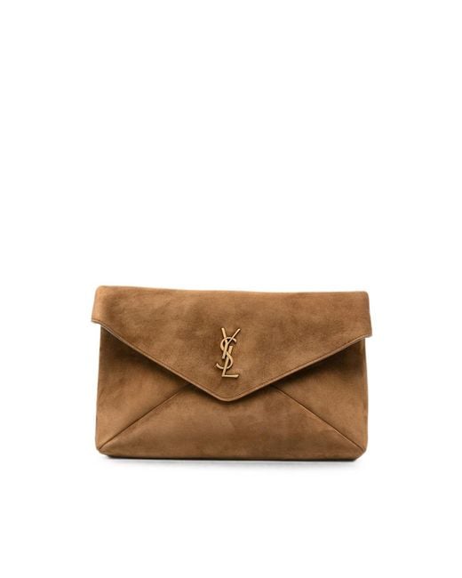 Saint Laurent Brown Large Cassandre Suede Clutch Bag